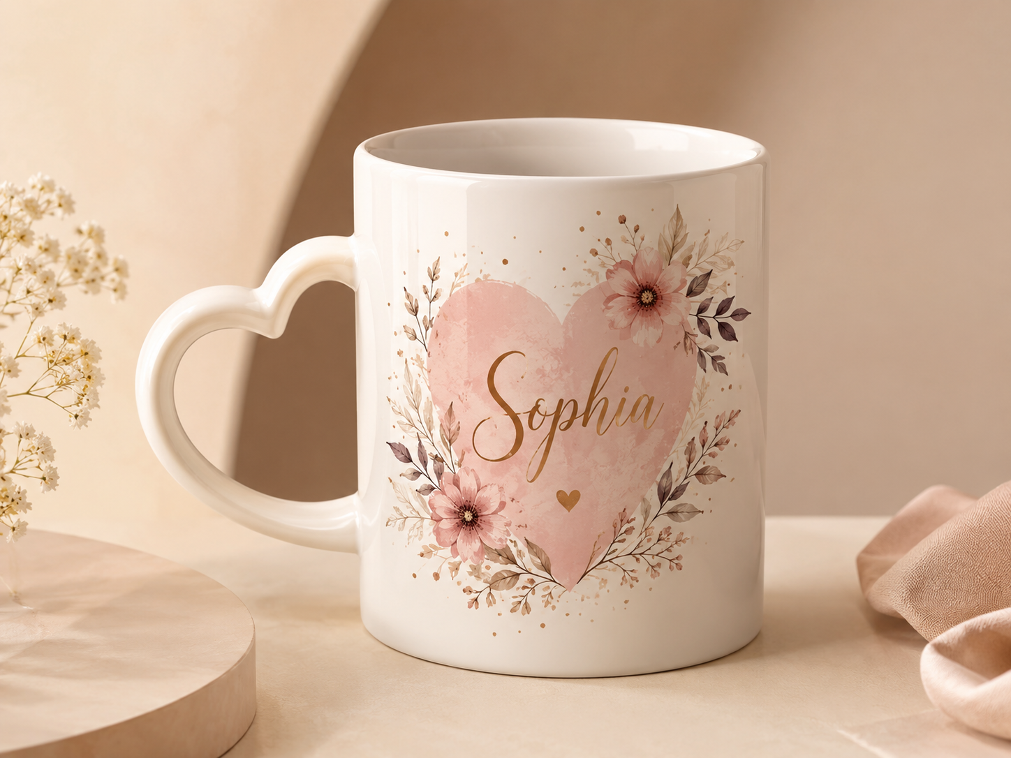 Taza con asa de corazón personalizada